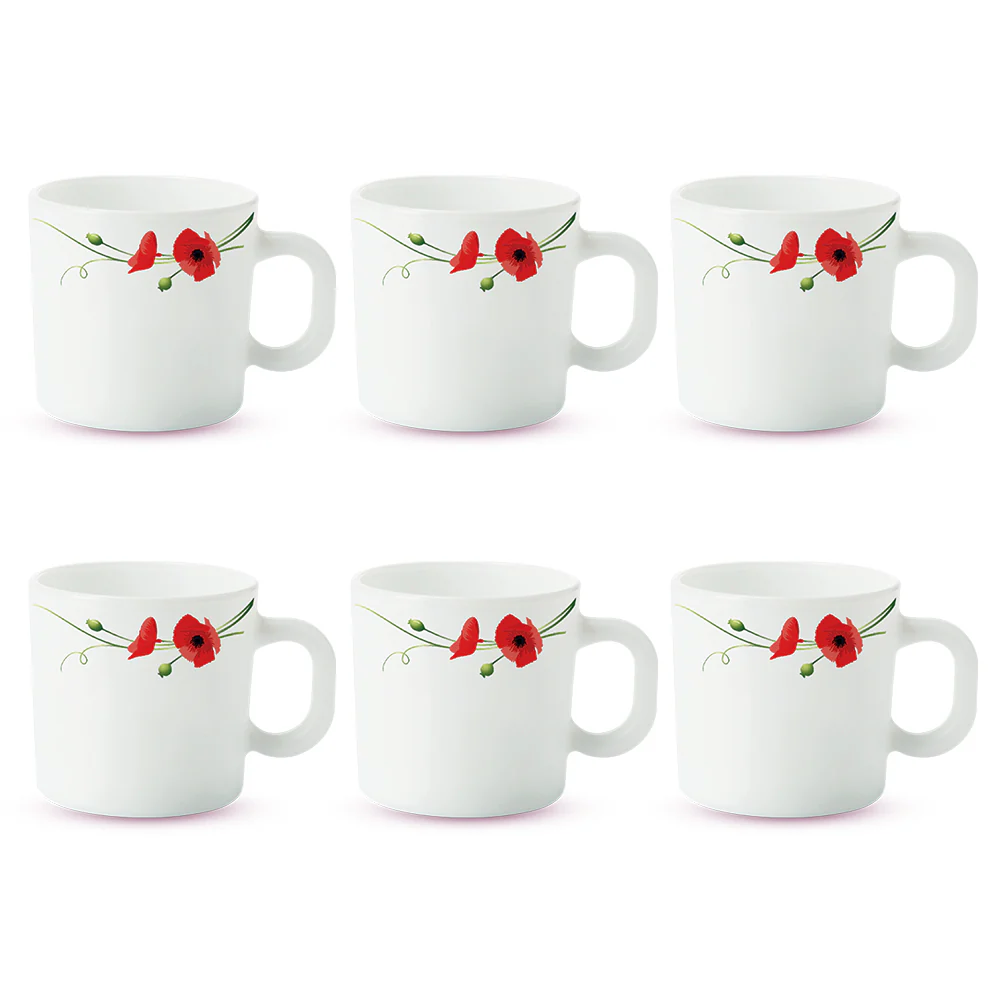Larah by Borosil Red Carnation Mug Set, 100ml x 6