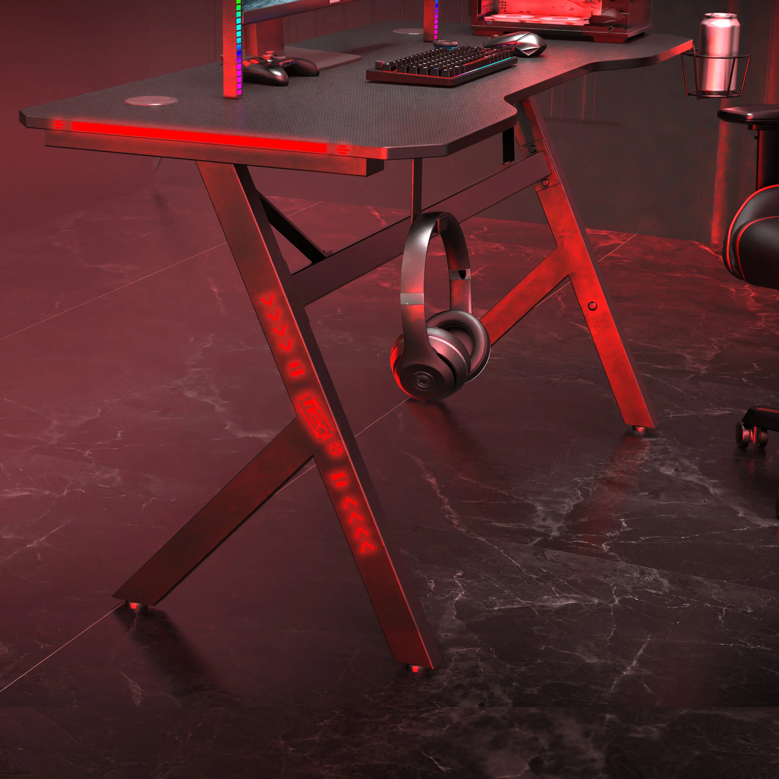 Neo LED Ergonomic Gaming Desk with Cup Holder and Cable Management