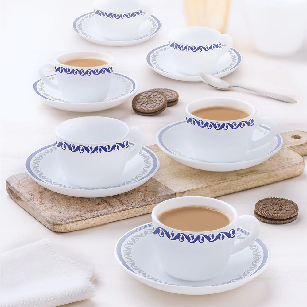 Larah by Borosil Jazzblue Cup n Saucer Set, 140ml x 8