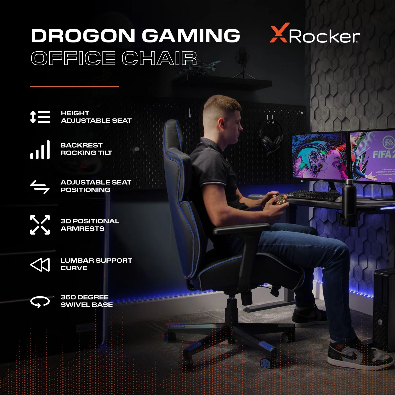 Drogon Ergonomic PC Office Gaming Chair - Black / Blue