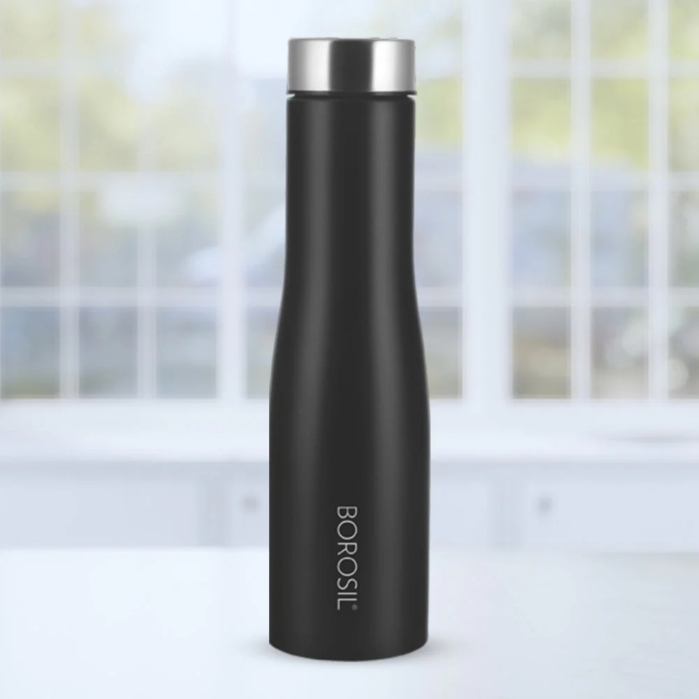 Borosil Swan Stainless Steel Single Wall Bottle - Personalised, Black, 1L