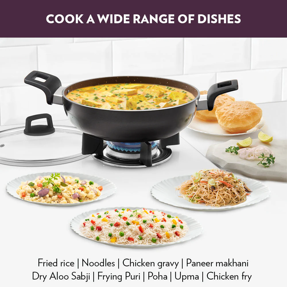 Borosil Granito Nonstick Kadhai + Lid, 28 cm