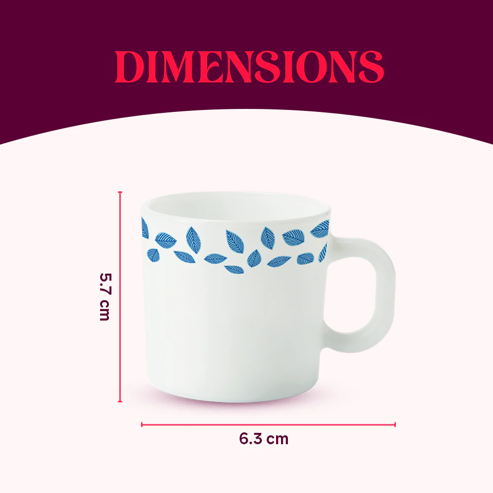 Larah by Borosil Blue Leaves Mug Set, 100ml x 6