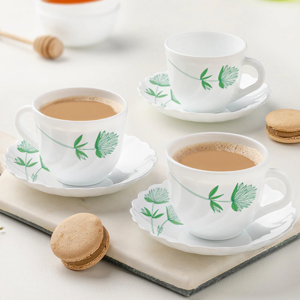 Larah by Borosil Green Lily Cup n Saucer Set, 140ml x 12