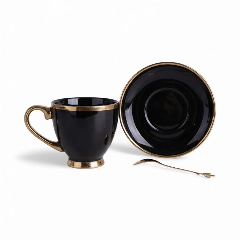 Cup & Saucer with Spoon Black & Gold