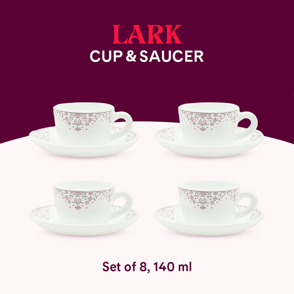 Larah by Borosil Lark Cup n Saucers Set, 140ml x 8