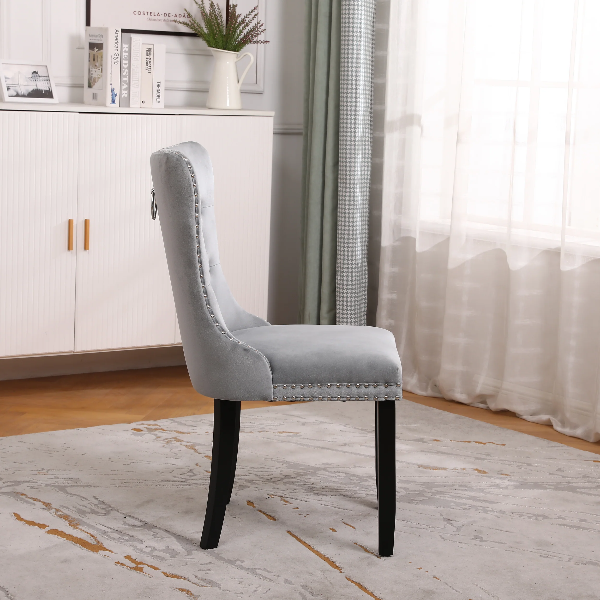 Neo Set Of Two Grey Studded Velvet Dining Table Chairs with Ring Knocker