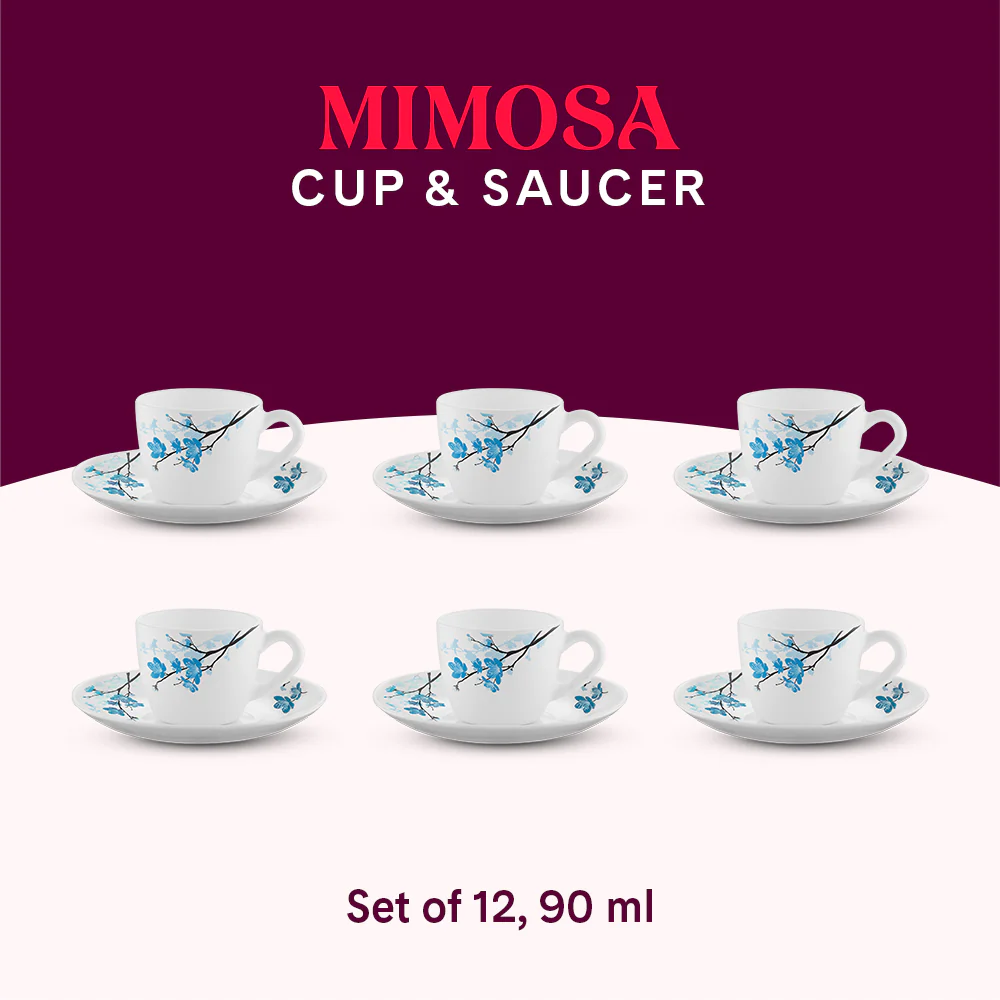 Larah by Borosil Mimosa Cup n Saucer Set, 90ml x 12