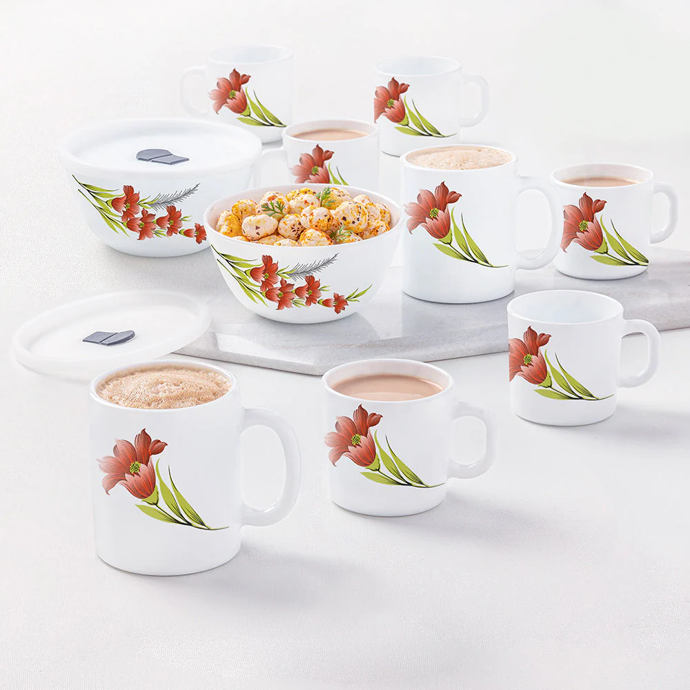 Larah by Borosil Red Iris Snack Set w Mugs, 12 pc