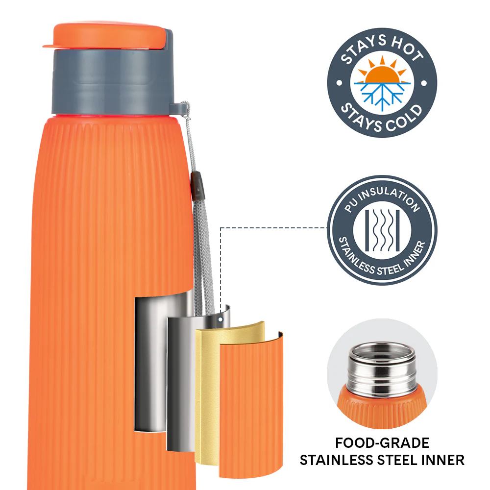 Larah Lava Fluted PU Thermoware Bottle, 700 ml, Orange