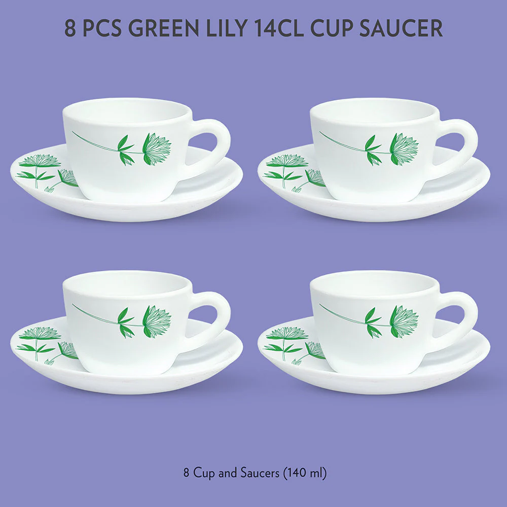 Larah by Borosil Green Lily Cup n Saucer Set, 140ml x 12
