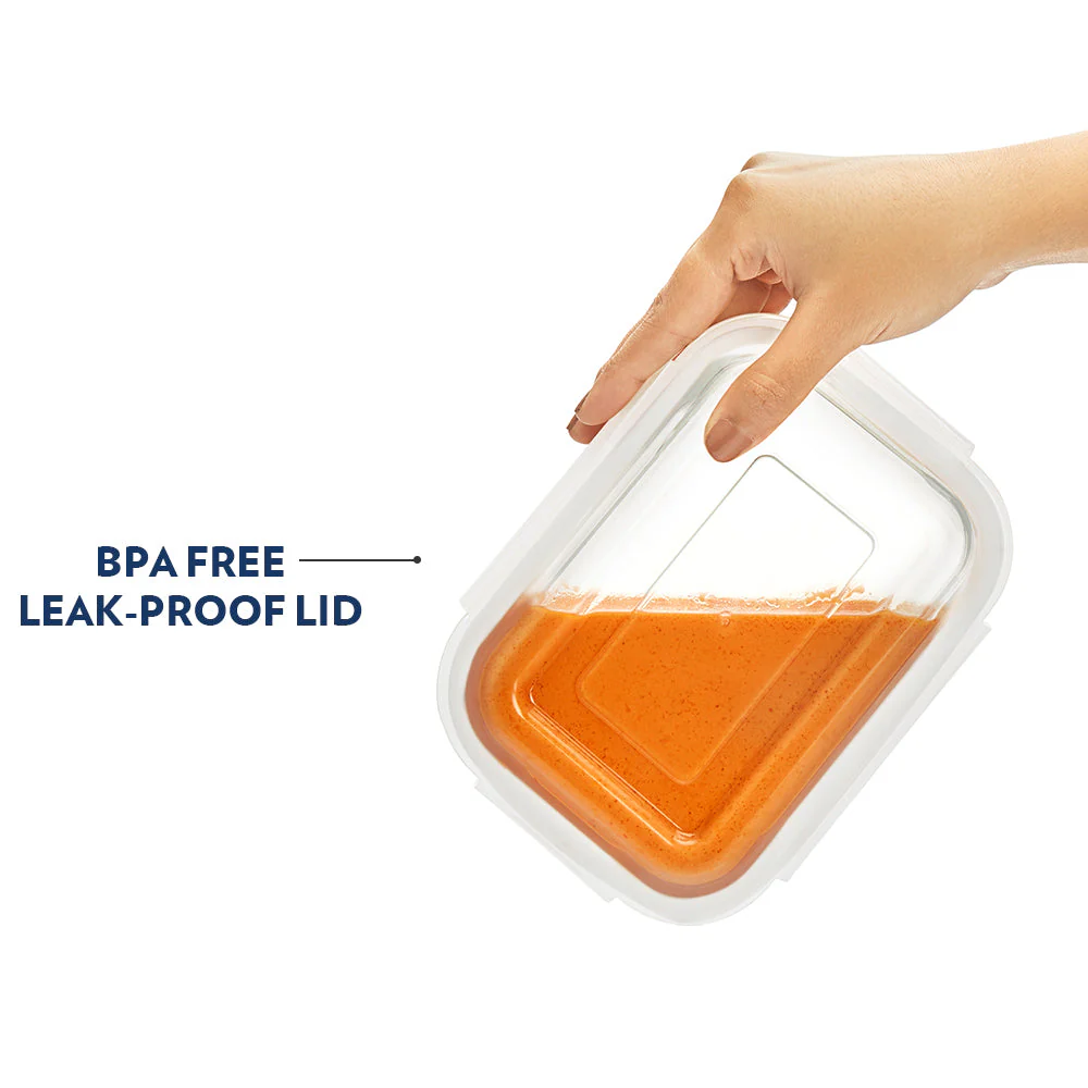 Alfa Blue Glass Lunch Box, Rectangle x 2 (Flat), Set of 2, 370ml