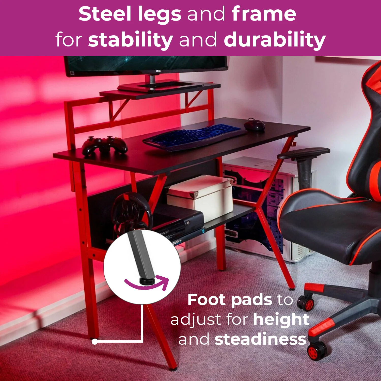 Neo Red Ergonomic 2 Tier Gaming Computer Office Desk