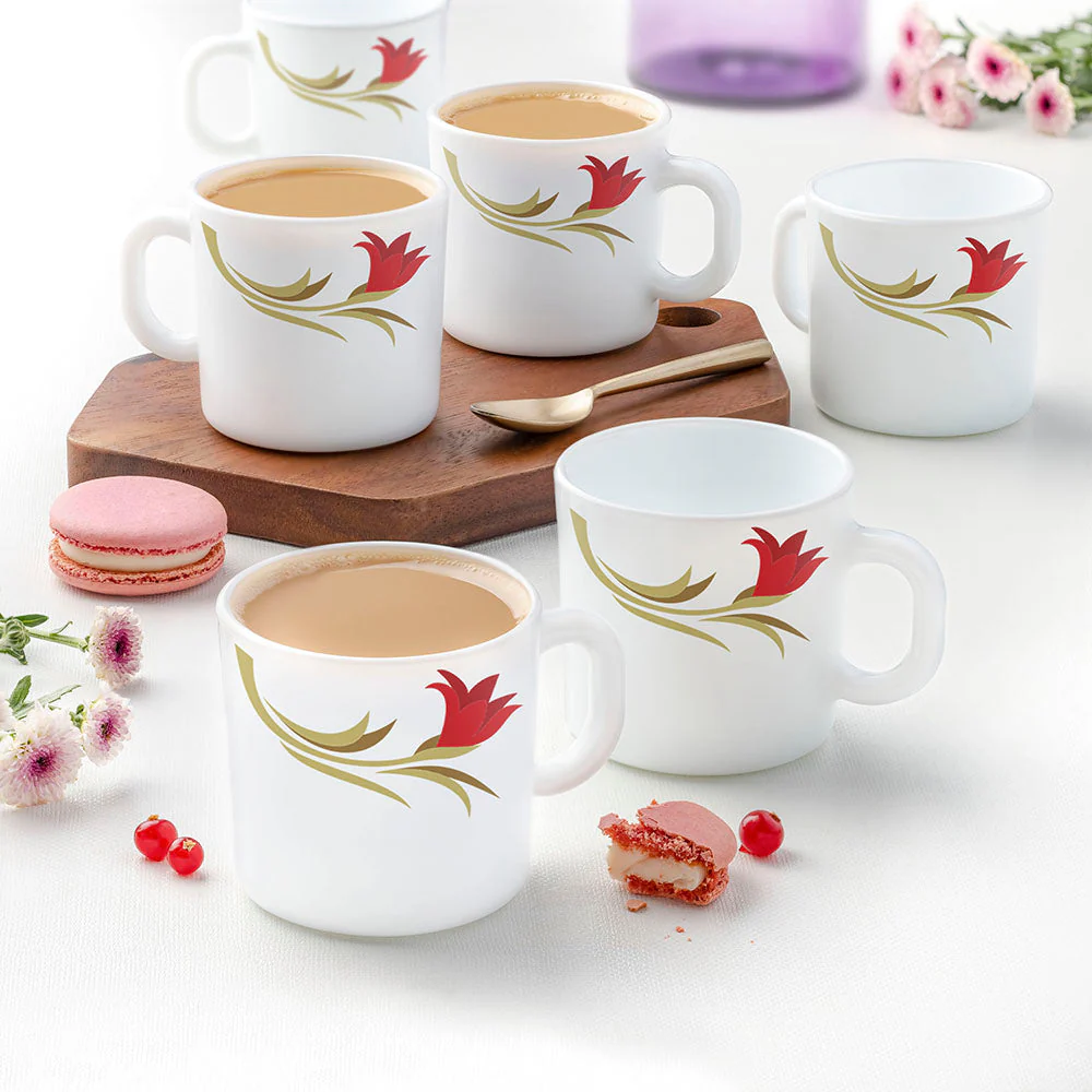 Larah by Borosil Red Lily Mug Set, 180ml x 6