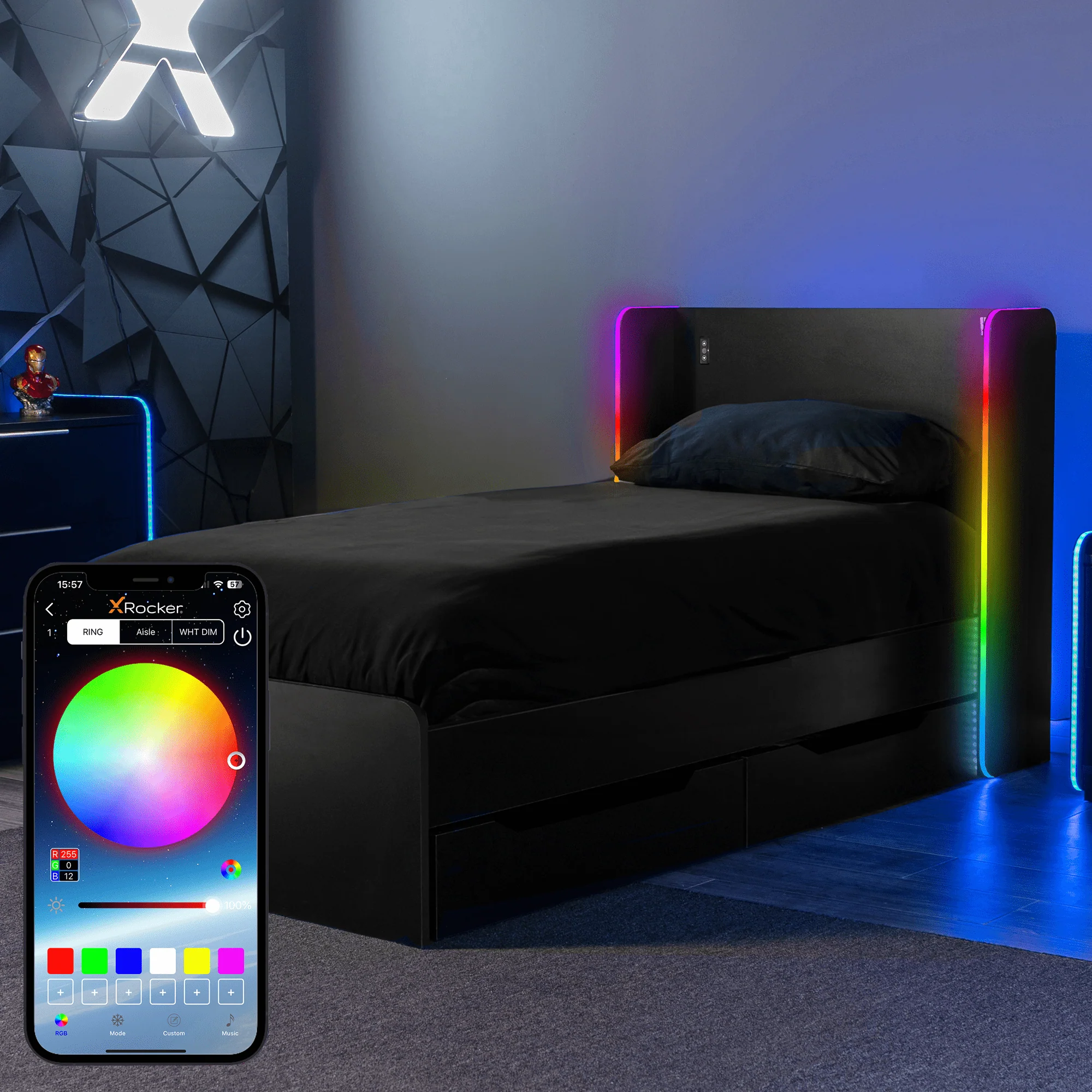 Electra LED Single Gaming Bed with Drawers - Black RGB