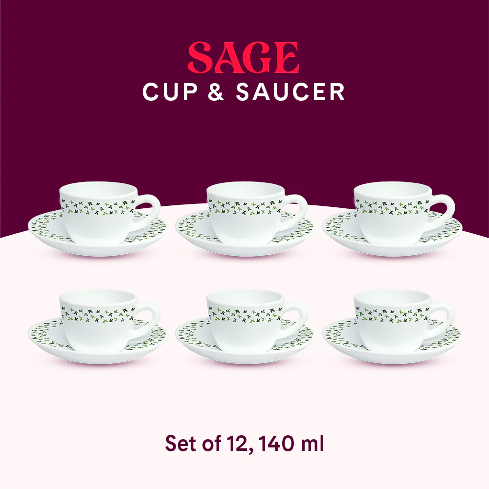 Larah By Borosil Sage Cup n Saucer Set, 140ml x 12