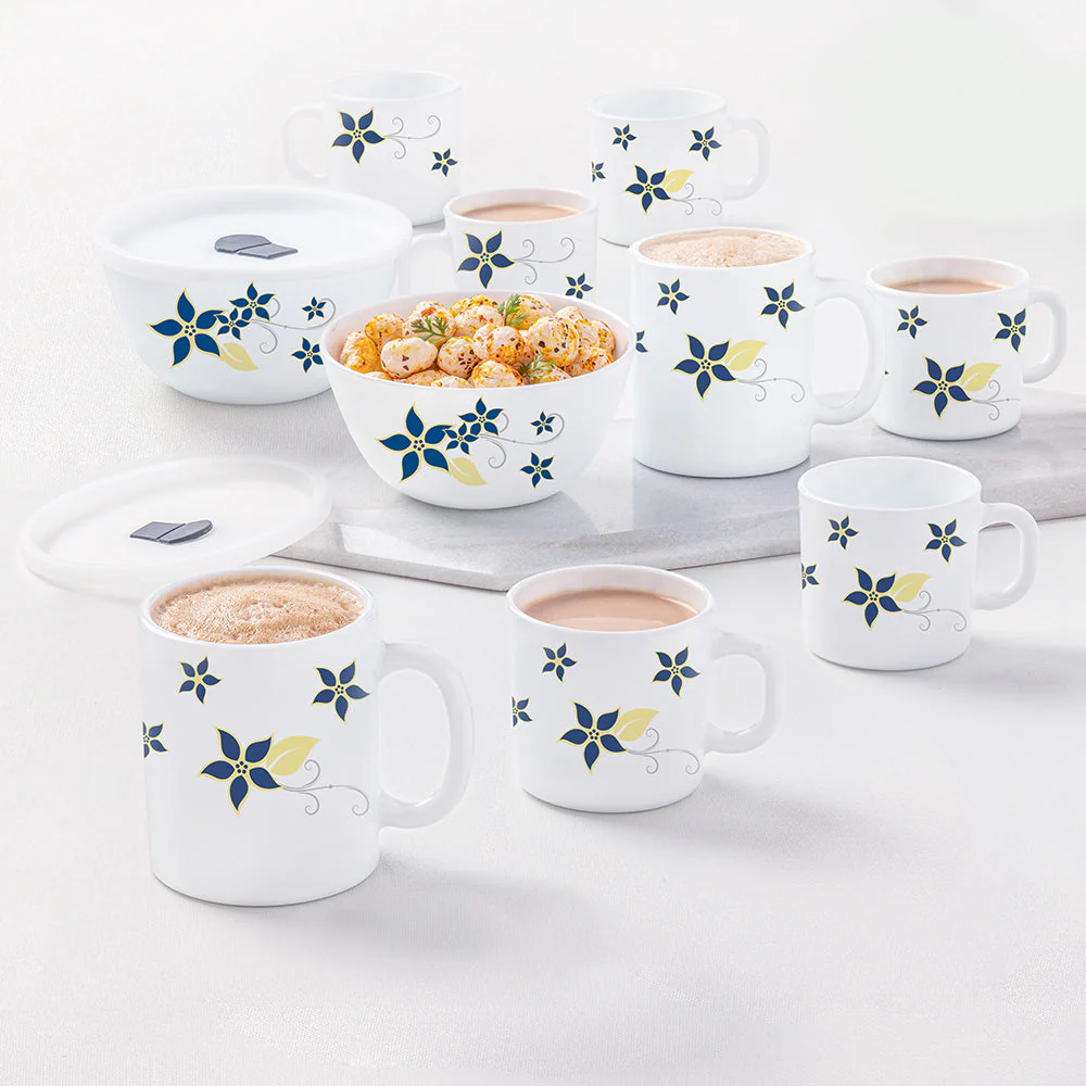 Larah by Borosil, Opalware Viva Family-Snack Set With Mugs, White, 12 pc