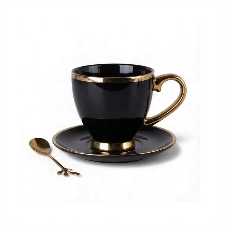 Cup & Saucer with Spoon Black & Gold