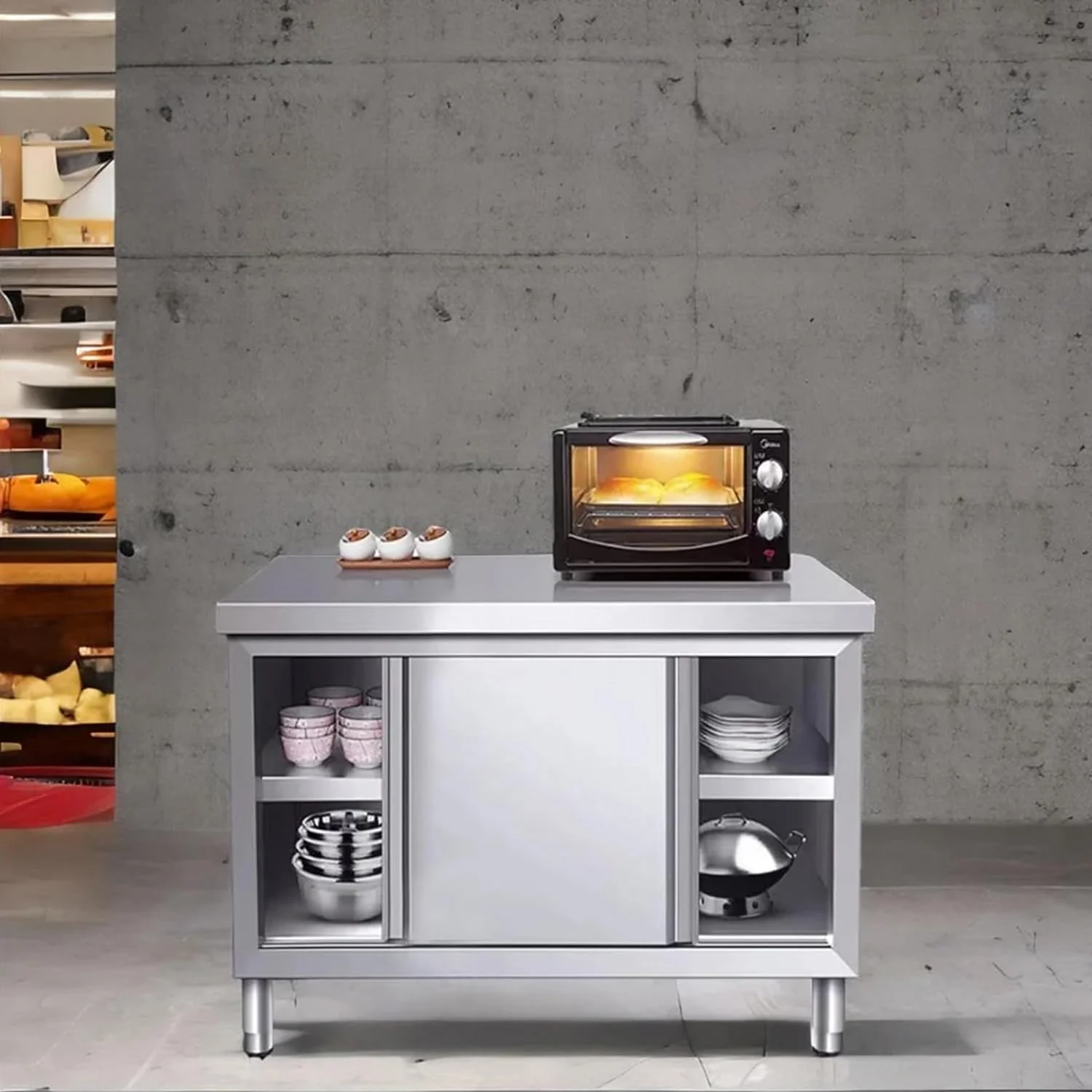 Stainless Steel Commercial Worktable w/Sliding Doors for Prep & Work, 39.3