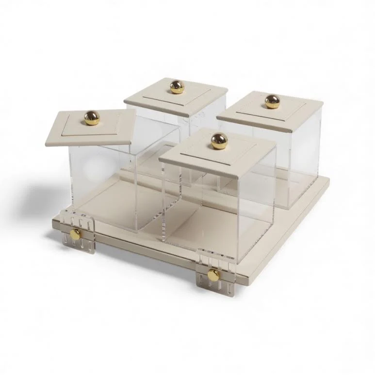 4 Piece Leather Canister Set Cream