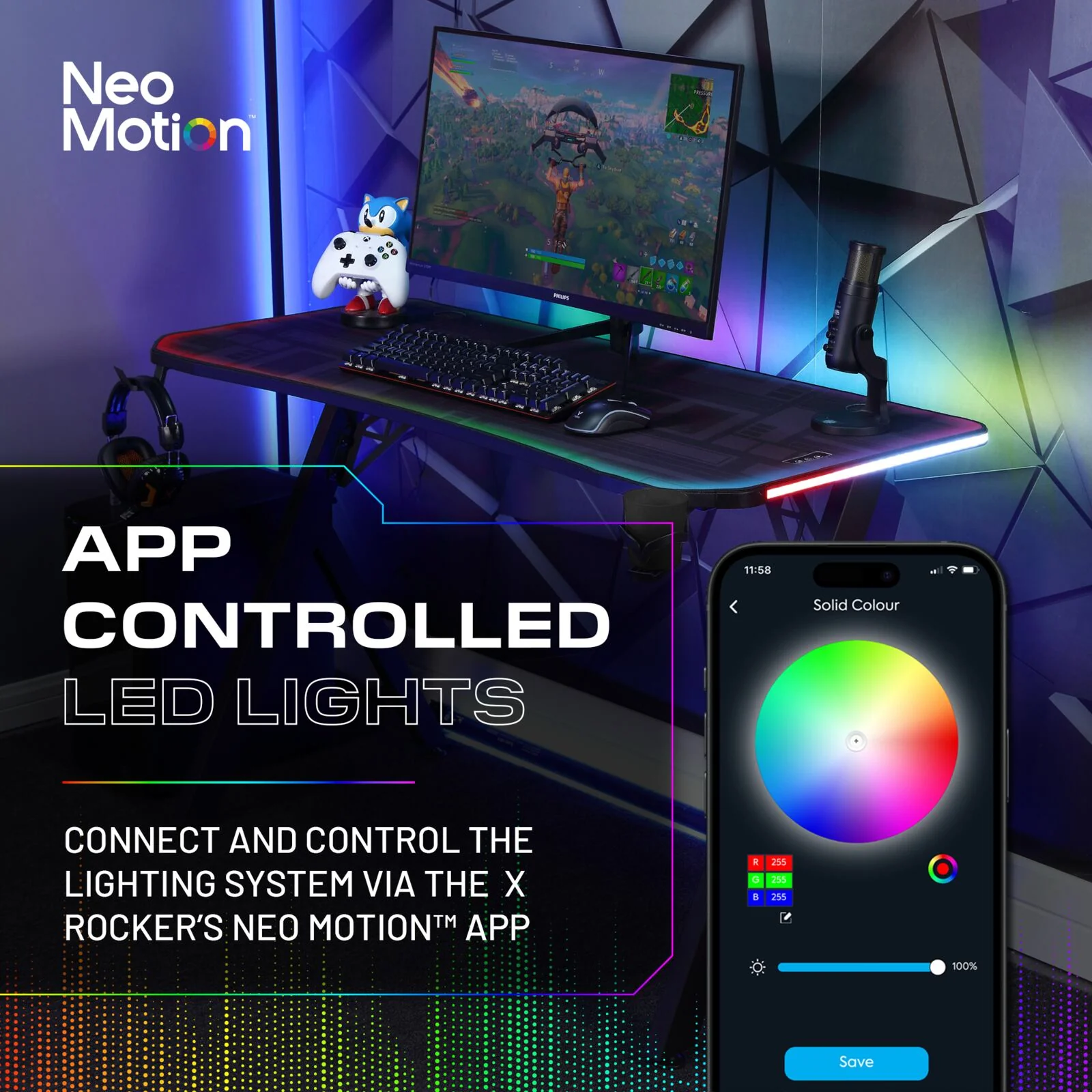 Lumio 110cm LED Gaming Desk with Full Mousepad - Carbon Black RGB