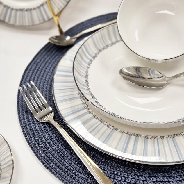 36 Piece Line Design Dinner Set White & Blue