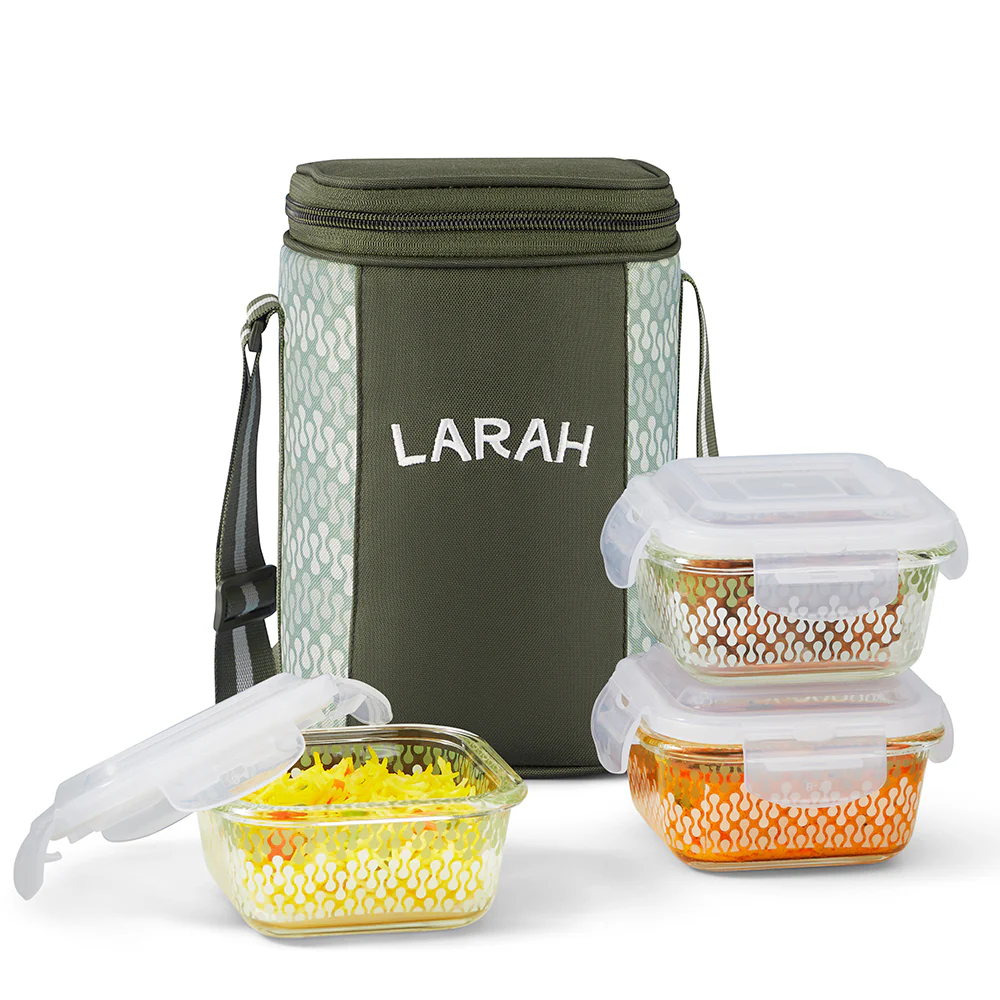 Larah Gracia Glass Lunchbox, Square x 3, 320ml x 3