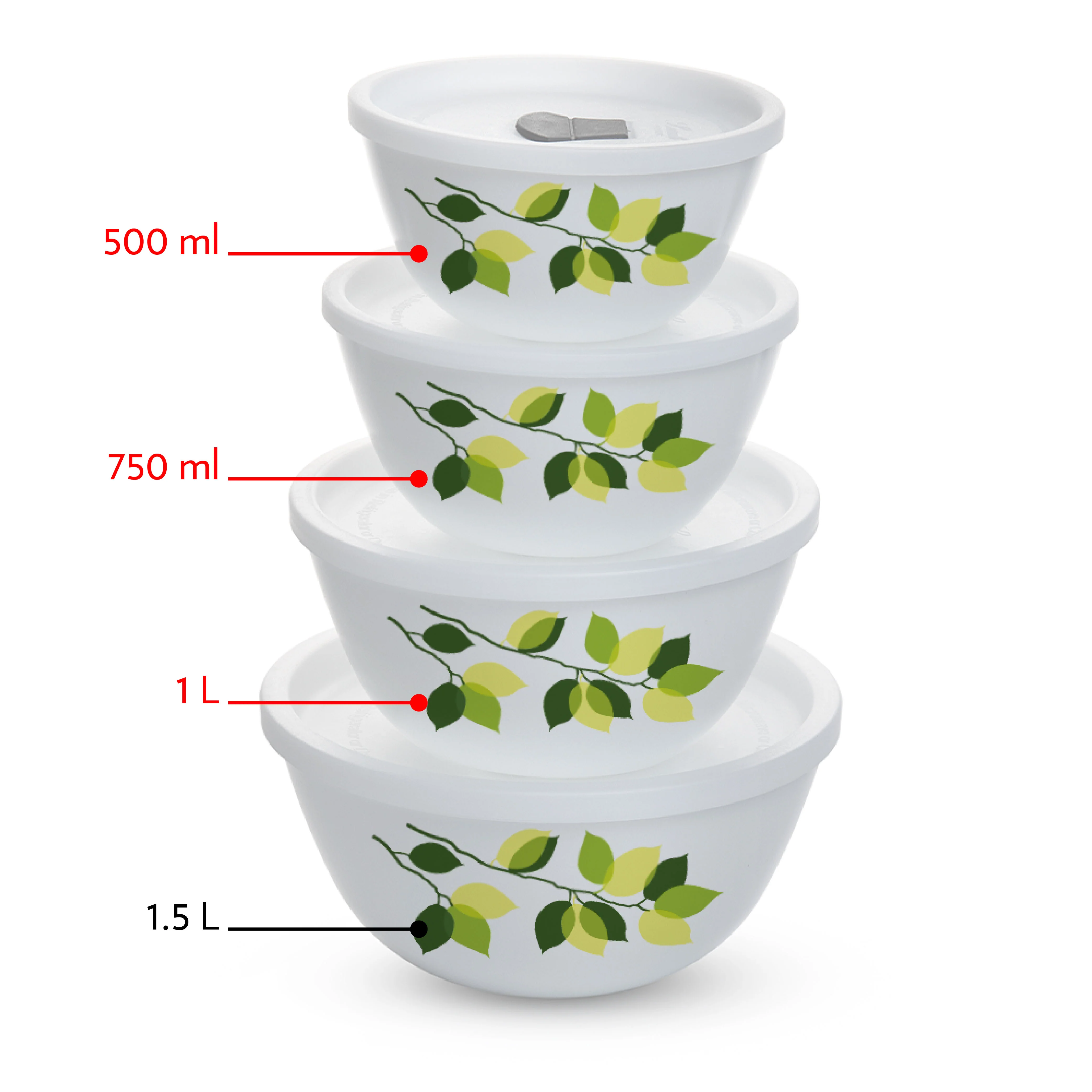 Larah by Borosil Green Leaves 4 pc Mixing Bowl, 1 L + 750 ml + 500 ml
