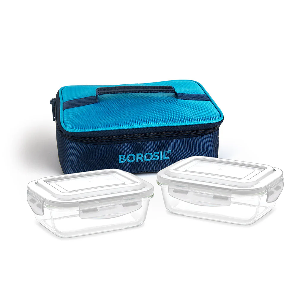 Alfa Blue Glass Lunch Box, Rectangle x 2 (Flat), Set of 2, 370ml