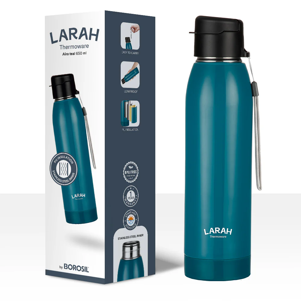 Larah Airo Round PU Thermoware Bottle, 650 ml, Teal