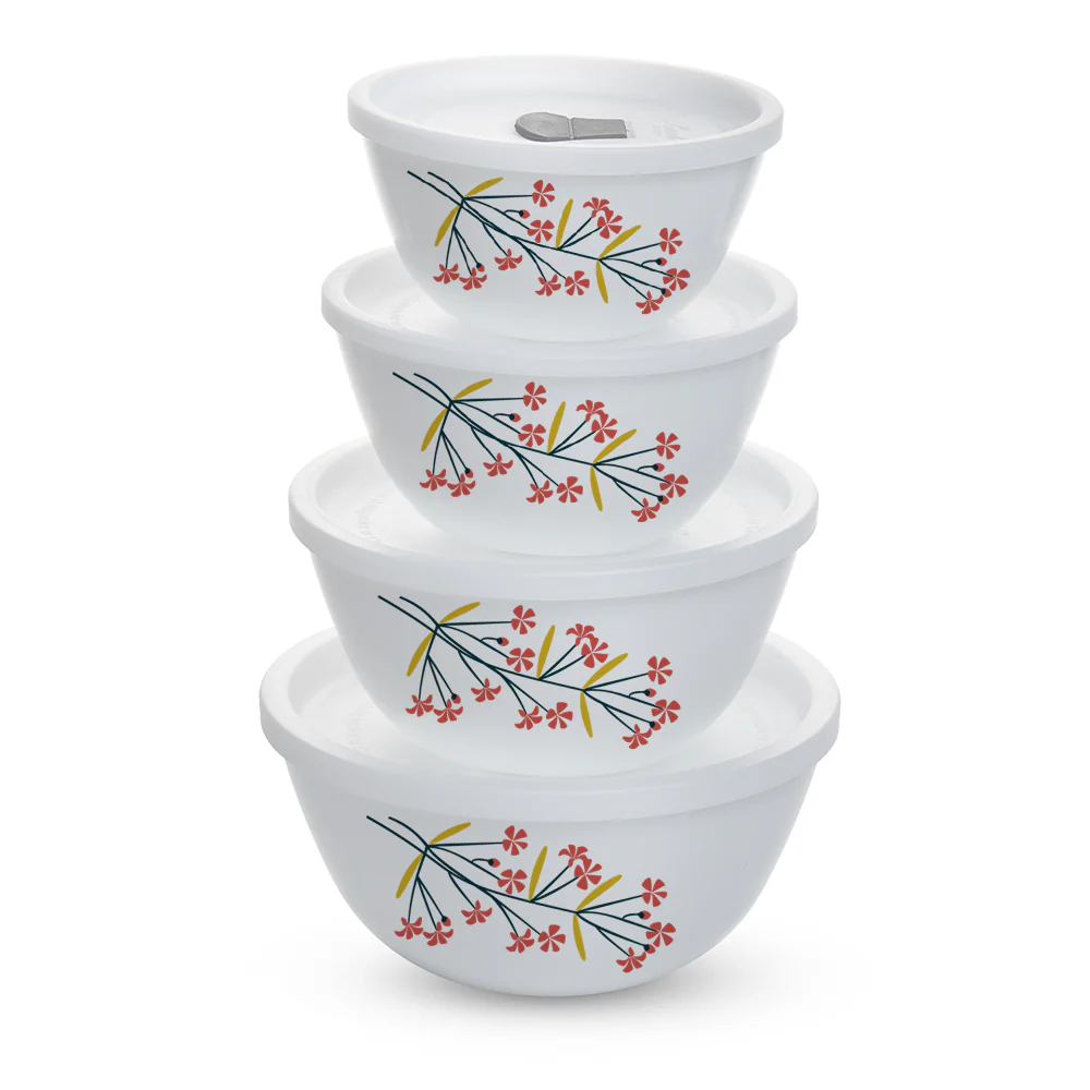 Larah by Borosil Red Bud 4 pc Mixing Bowl, 500 ml + 750 ml + 1 L + 1.5 L