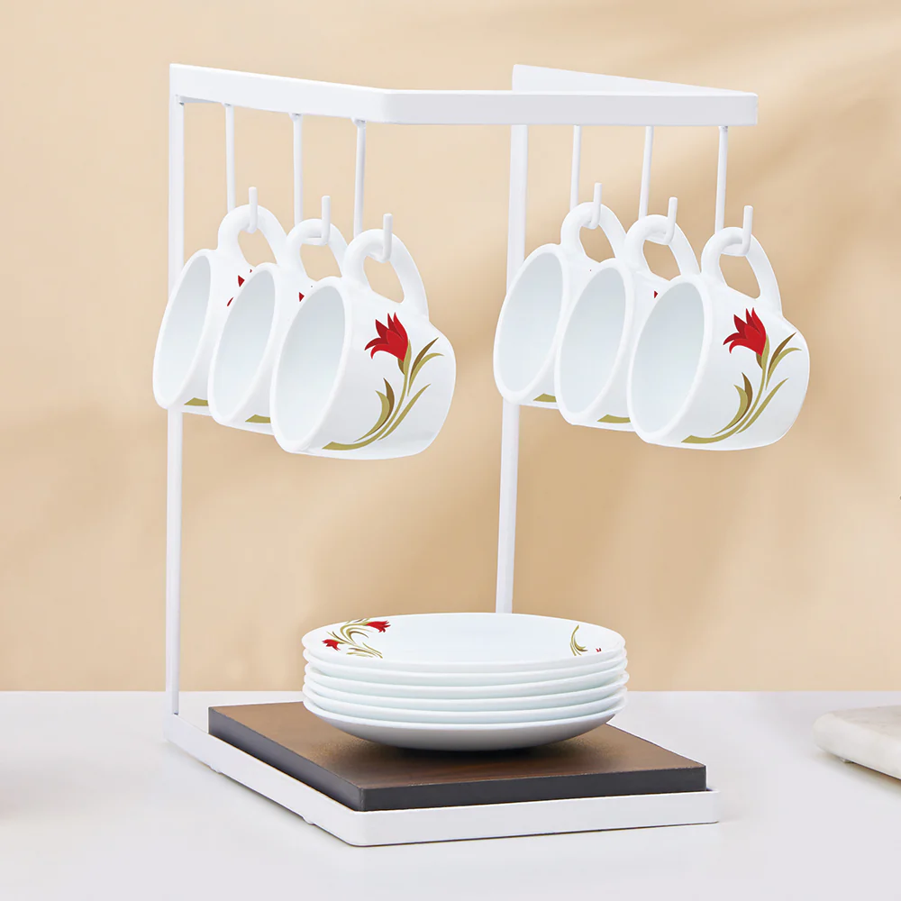 Larah by Borosil Red Lily Cup n Saucer Set, 90ml x 12