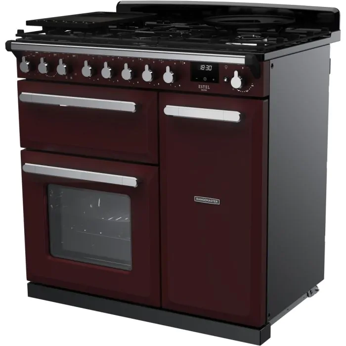 Rangemaster Estel Deluxe 90cm Dual Fuel Range Cooker | Bordeaux/Chrome | ESDL90DFPBOR/CM1