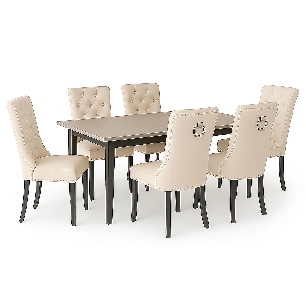 Neo Set Of Six Studded Natural Velvet Dining Chairs with Ring Knocker Detail