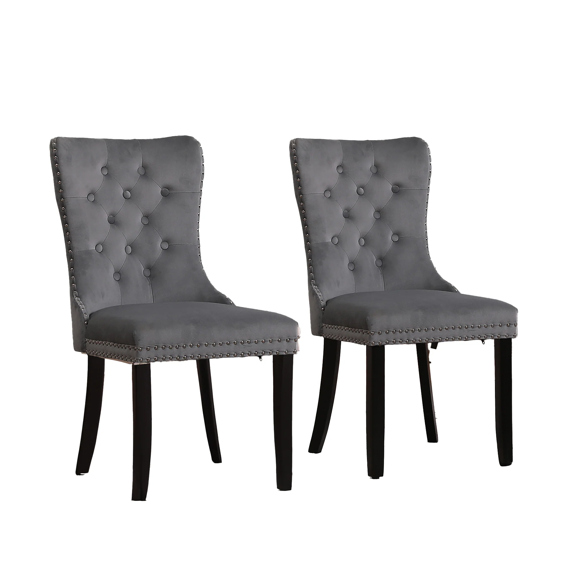 Neo Set Of Two Dark Grey Studded Velvet Dining Table Chair with Ring Knocker Detail