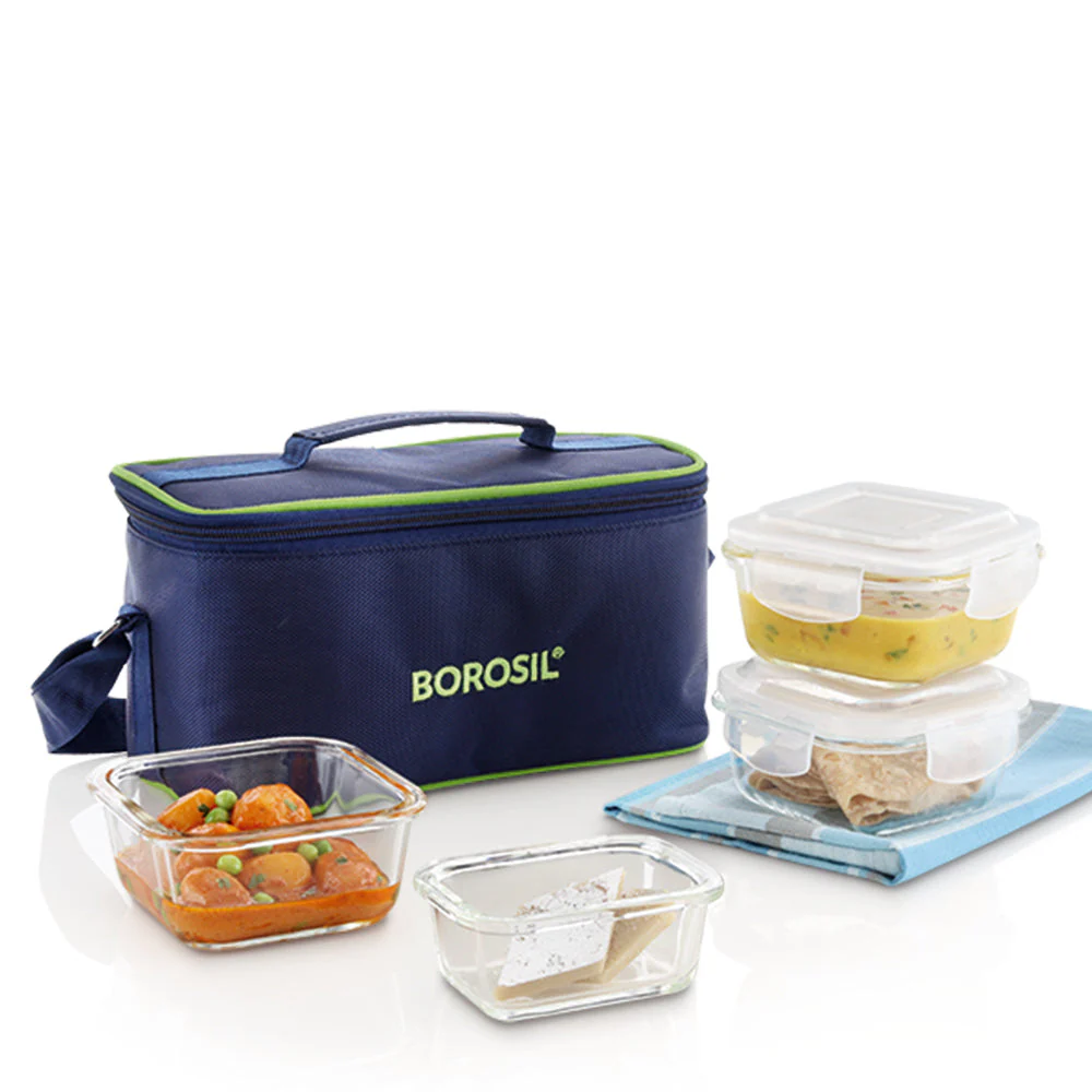 Borosil Glass Lunchbox, Square + Rectangular, 320ml x 3 (+) 120ml