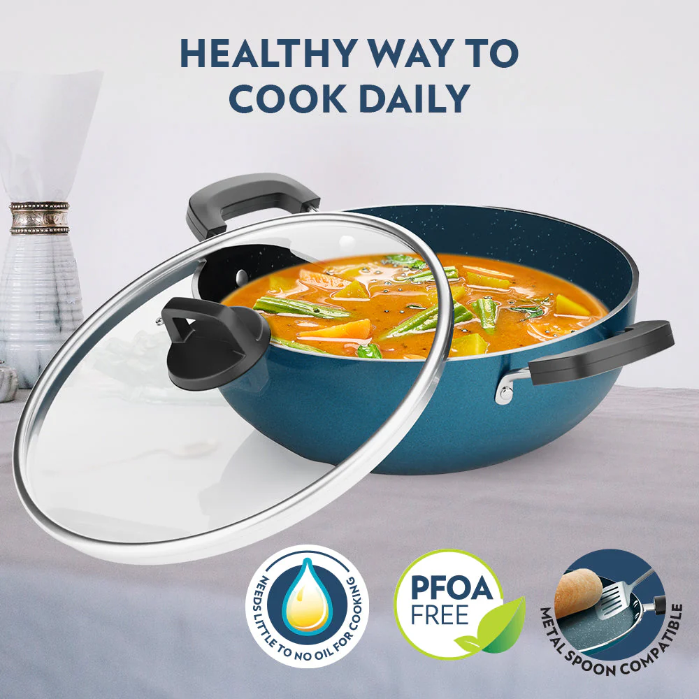 Borosil Pro Chef Non-stick Kadhai w Lid, 26 cm