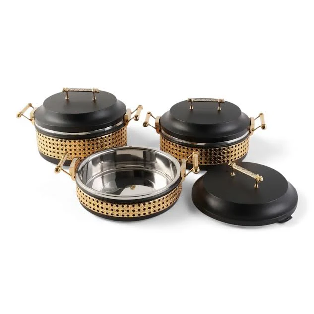 3 Piece Thermos Hot Pot Set Black & Gold Full Metal