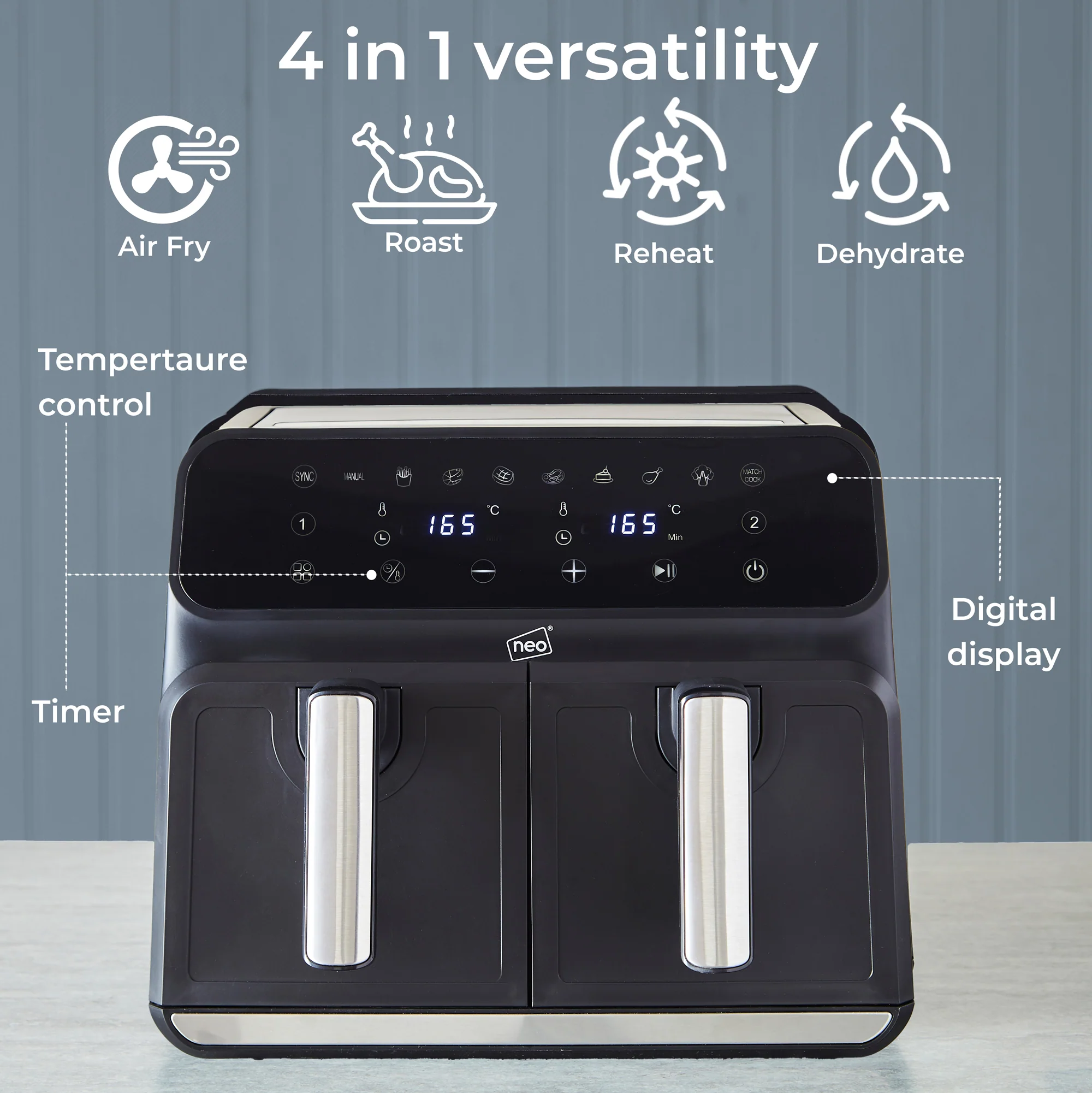 Neo Electric Digital Air Fryer 8.5L with Dual Drawer Black & Silver