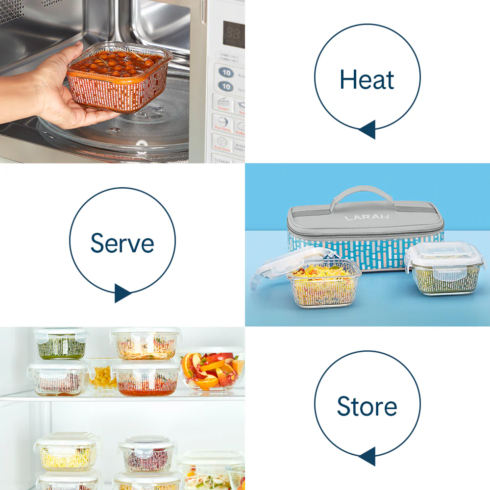 Larah Vogue Glass Lunchbox, Square x 2 (Flat), 320ml x 2