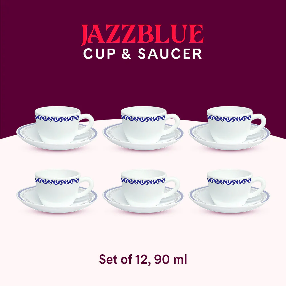 Larah by Borosil Jazzblue Cup n Saucer Set, 140ml x 8