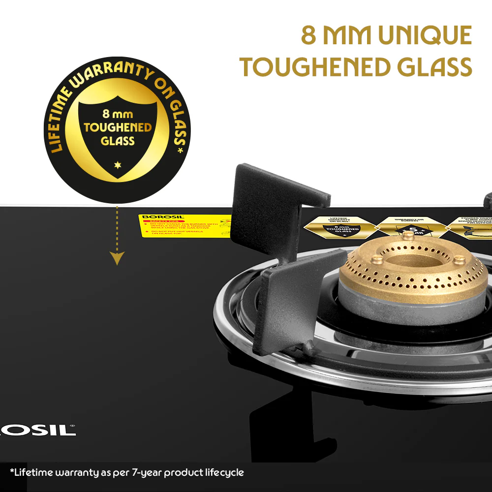 Borosil Prima Glass-top Gas stove, 2 Burners, 8 mm Toughened Glass, Brass Burners
