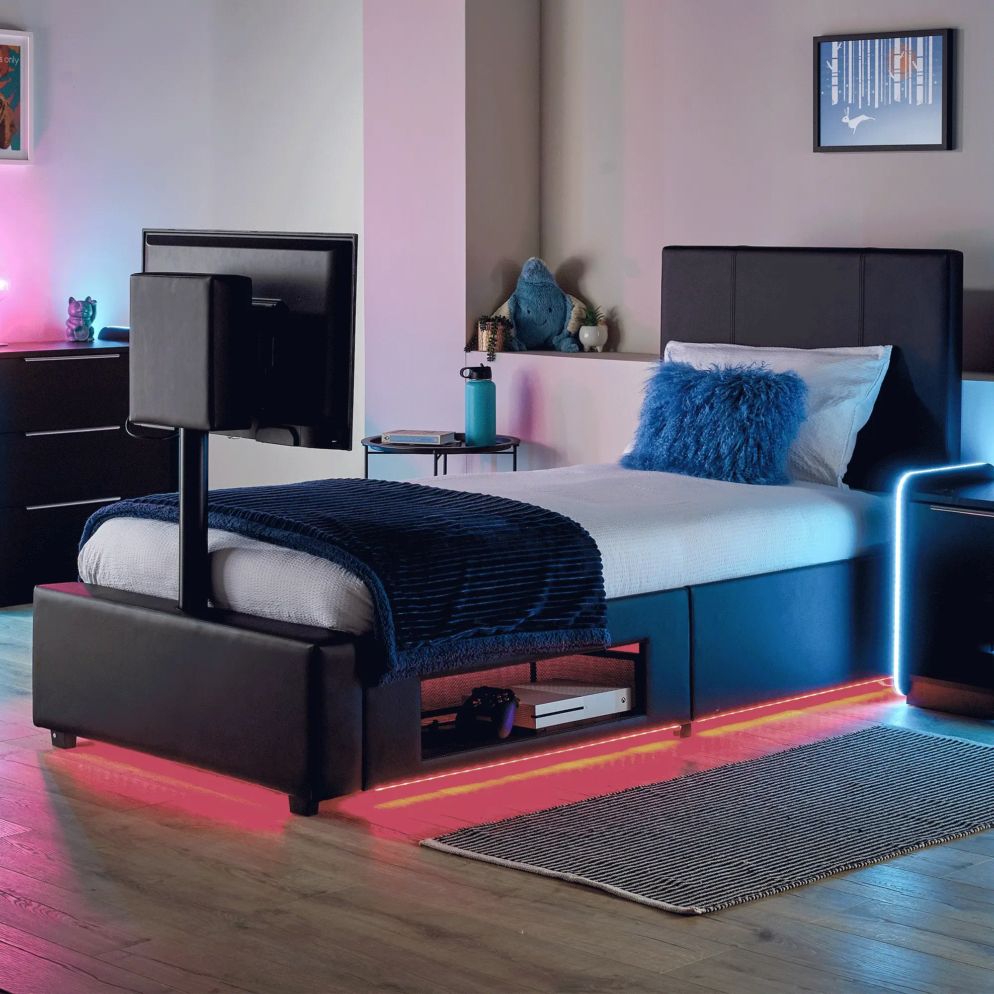 Ava Upholstered TV Bed with LED Lights - Black (4 Sizes)