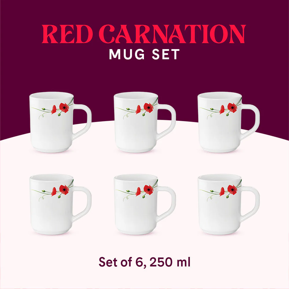 Larah by Borosil Red Carnation Mug Set, 240ml x 2