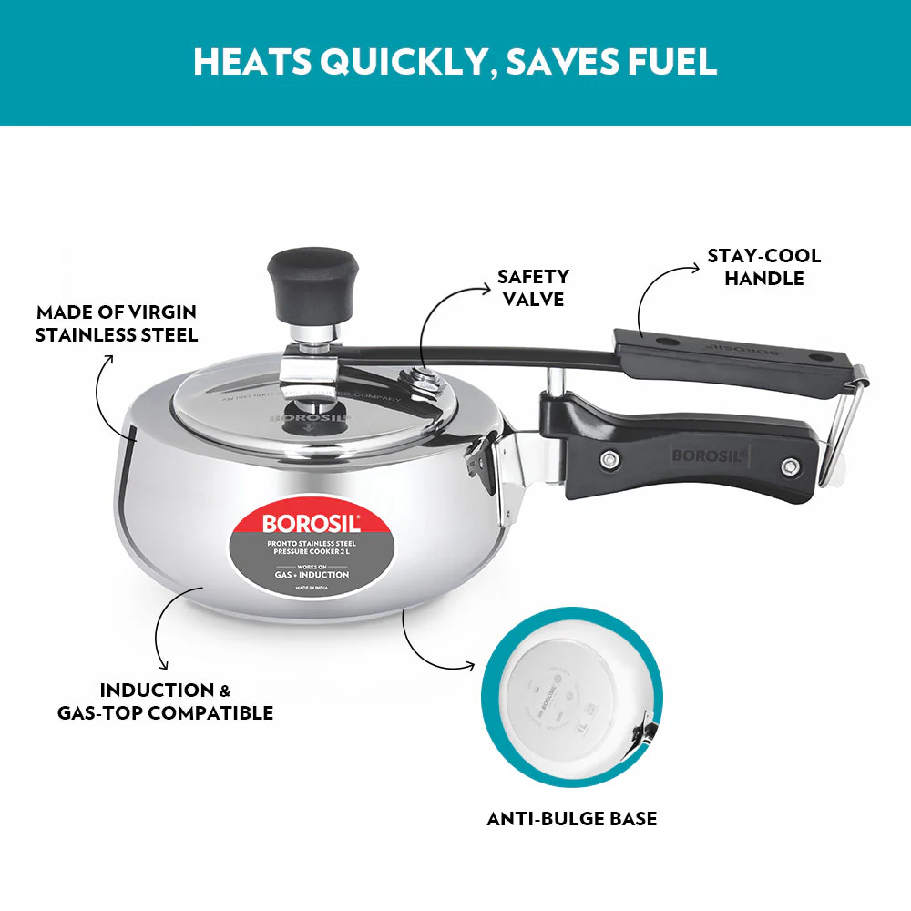 Borosil Pronto SS Pressure Cooker, 2L