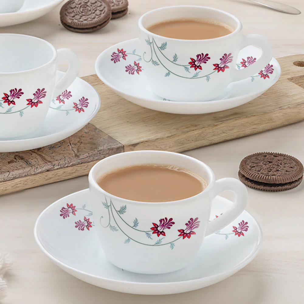 Larah by Borosil Flower Pot Cup n Saucer Set, 140ml x 12