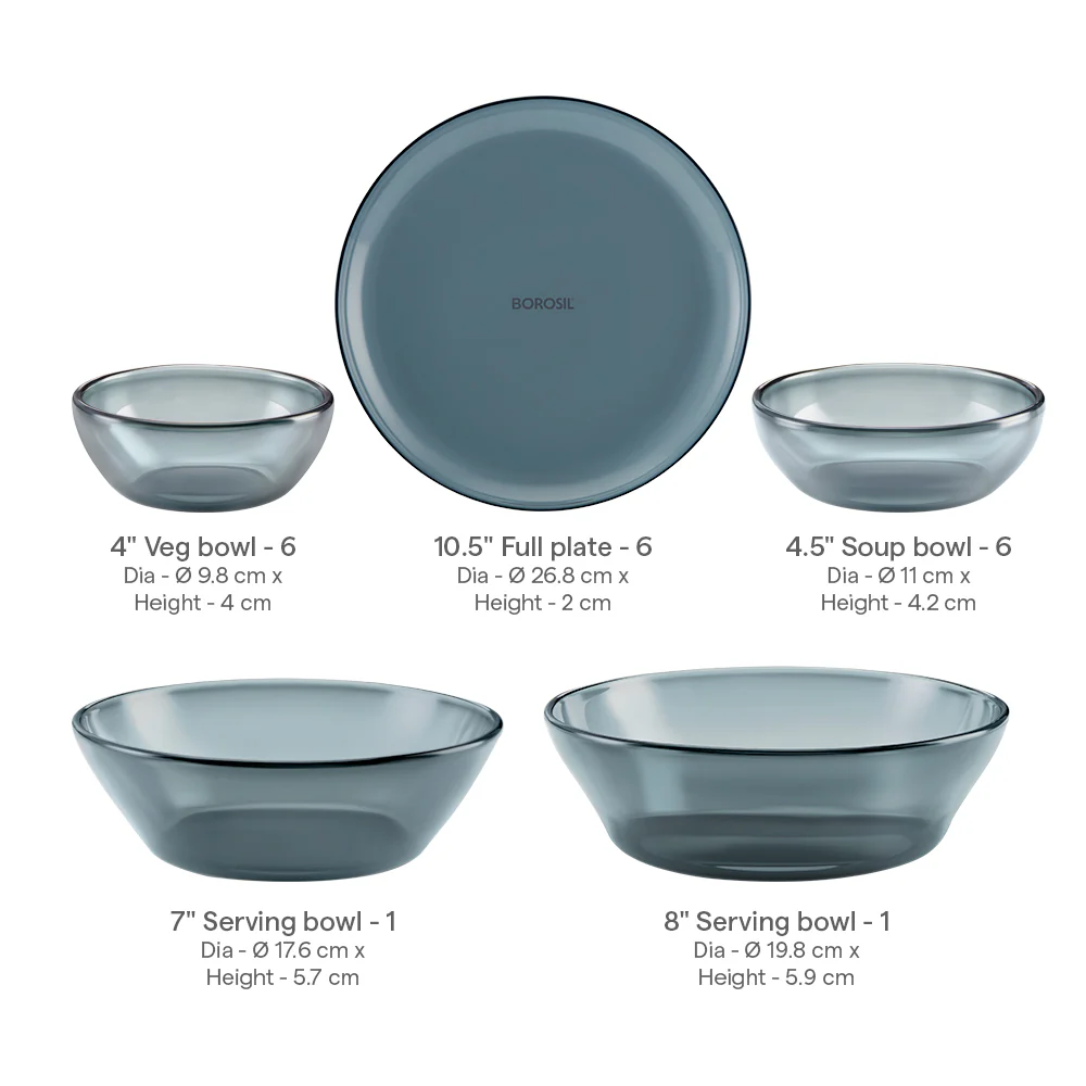 Borosil Aura Glass Dinner Set, Grey, 20 pc