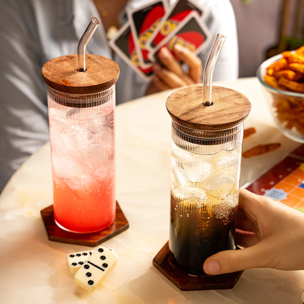 Borosil Fluted Punch Glasses w Wooden Lid and Glass Straw, Set of 2