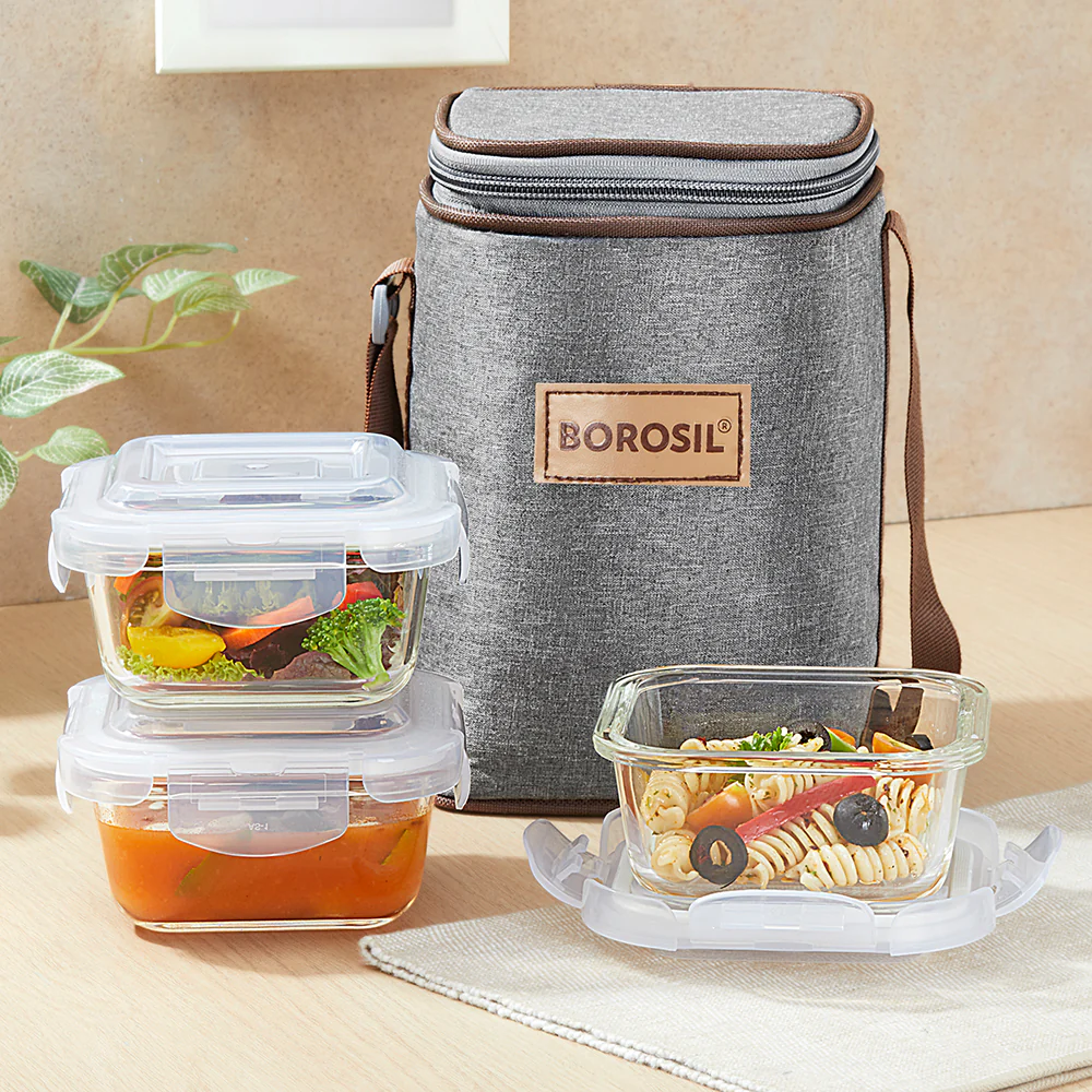 Borosil Pro Glass Lunchbox, Square x 3, 320ml x 3