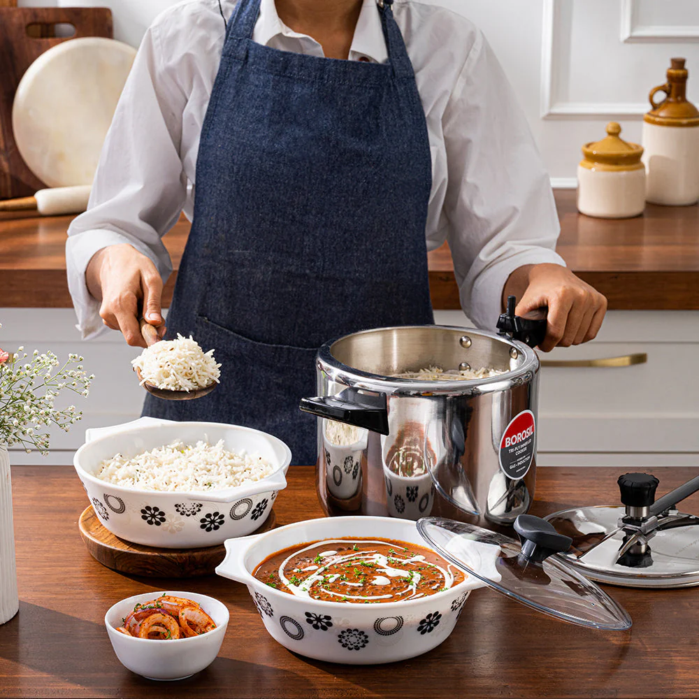 Borosil Kitchen Delight Set-Buy Inner Lid Pressure Cooker 5 L & Get 1 L x 2 Casseroles with Lid Free Worth ₹ 1,499/-